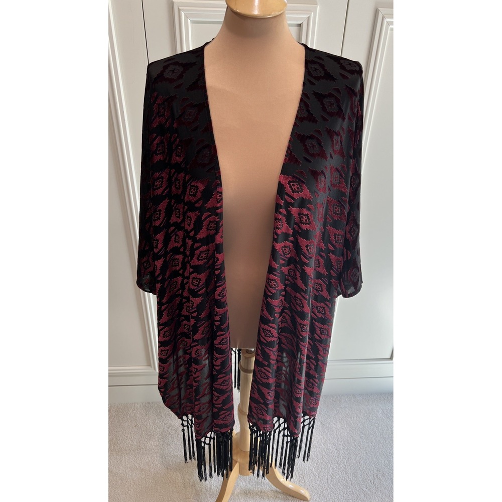 ASTR Velvet Burnout Fringe Cardigan Kimono Large Western Aztec Burgundy Black